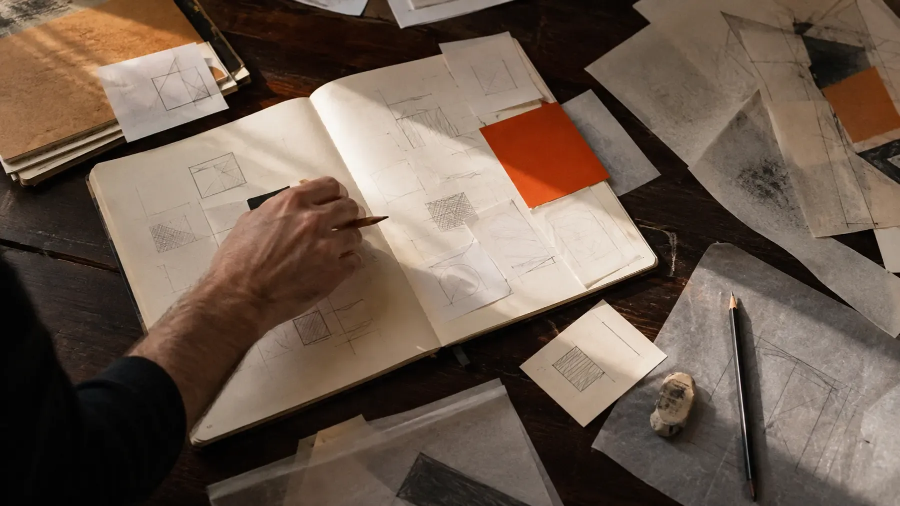 A hand drawing and arranging geometric studies on a worktable