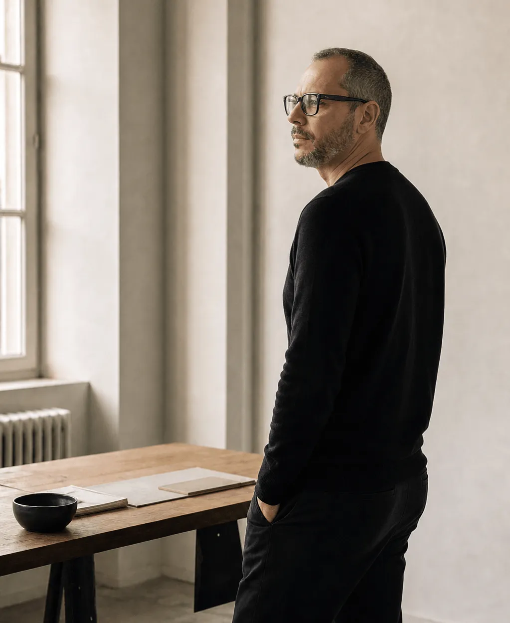 Leo Hans standing beside a window in his Buenos Aires workspace