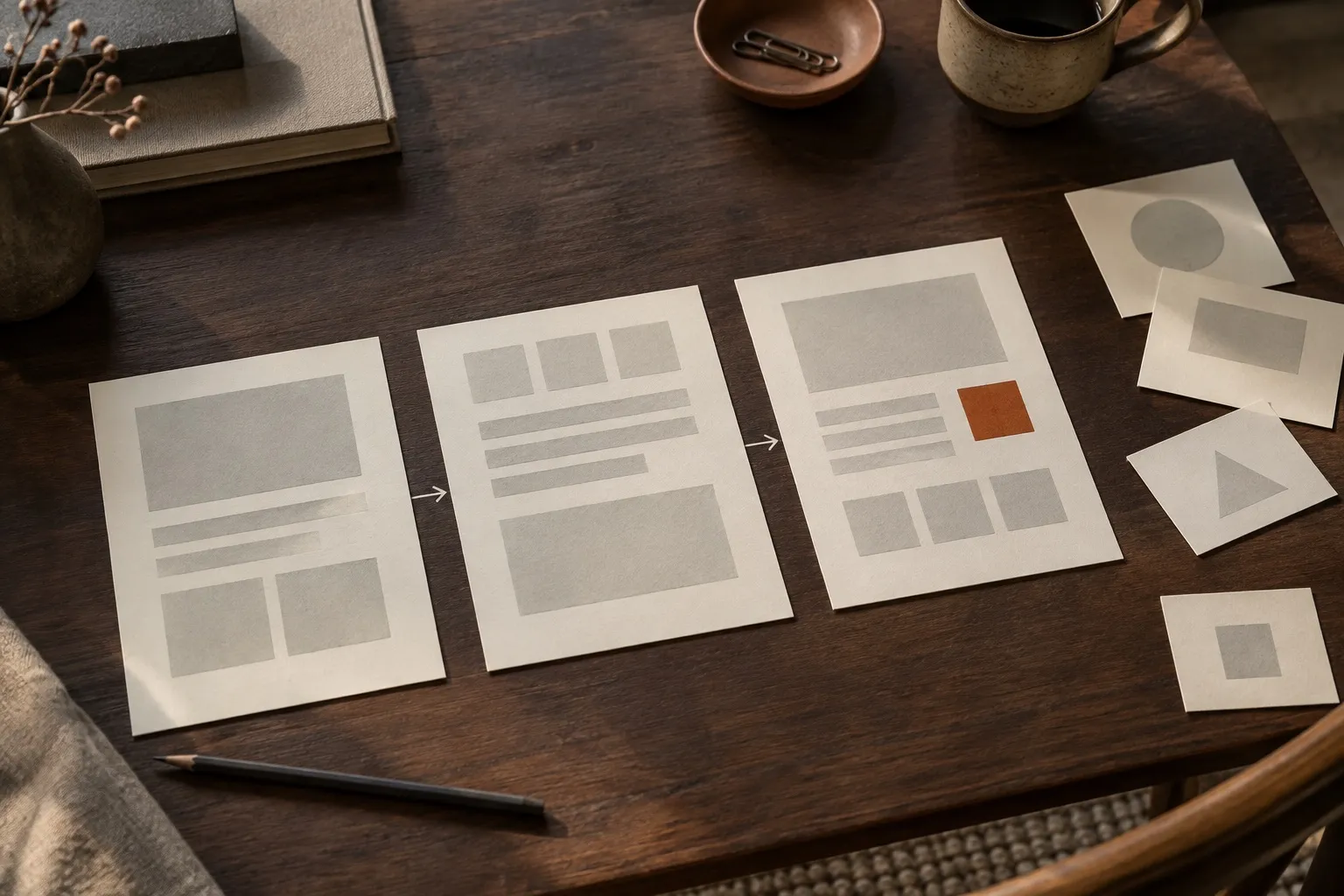 Tres prototipos de papel conectados en secuencia, con un bloque naranja en el último paso